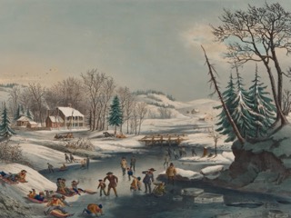 Children sled down a snowy bank and skate on a frozen stream, with a farmhouse, pine trees and snowy hills behind.