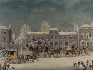 Stagecoaches and carriages crowded with passengers drive past snowy townhouses as snow falls, while boys roll a giant snowball.