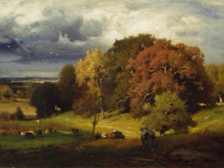 Large oak trees in red, orange and gold leaves stand over a meadow with grazing cows, under a stormy sky.