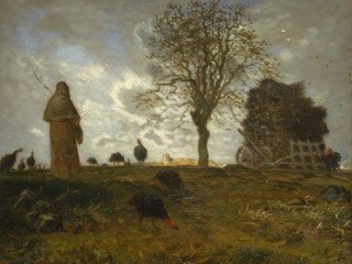 A woman in a long cloak watches a flock of turkeys on a hillside in autumn, beside a nearly bare tree and a hay cart.