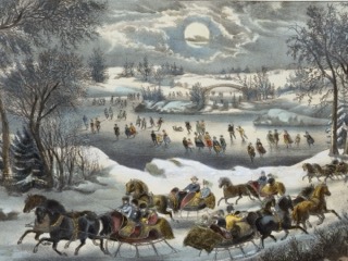 Horse-drawn sleighs race along a snowy road in Central Park by moonlight, with skaters on the frozen lake and a bridge beyond.