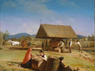 Farm workers press apples under a thatched shed while a horse turns the mill, and a young woman and two boys rest by barrels in front.