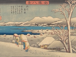 Two travelers in straw hats carry loads through the snow past thatched roofs by a blue lake, with snowy mountains and a tall bare tree.