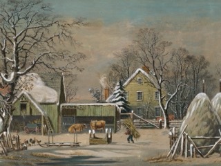 A snowy farmyard with a green house and barns, a man carrying hay toward the cows, chickens by a fence, and snow-capped haystacks.