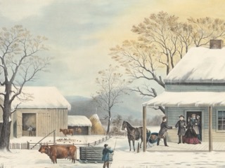 Visitors arrive by horse and sleigh at a snowy farmhouse, where the family greets them at the door, with barns, oxen and a dog nearby.