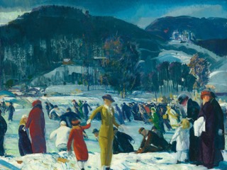 Skaters in colorful coats crowd a frozen pond in a snowy park, with dark wooded hills behind.