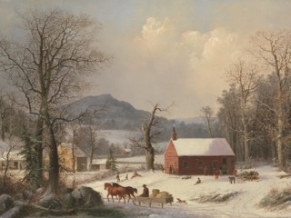 Children play outside a small red schoolhouse in a snowy valley, with a horse-drawn sleigh, bare trees and a mountain behind.