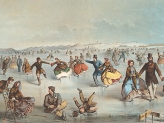 Skaters glide and tumble on a frozen pond in Central Park while a man leans over a woman seated on a chair, under a wide pale sky.