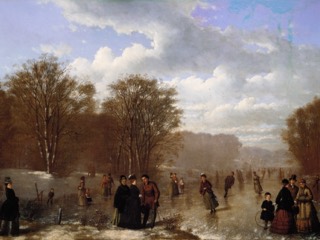 Skaters in dark winter clothes on a frozen creek between brown-leaved trees, under a cloudy blue sky.