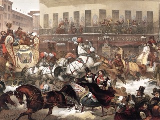 Sleighs pulled by prancing horses crowd a snowy Broadway in front of Barnum's Museum, with a band playing on the balcony above.