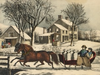 A man and a woman drive a two-horse sleigh loaded with milk cans past a snowy farmhouse and barn under bare trees.